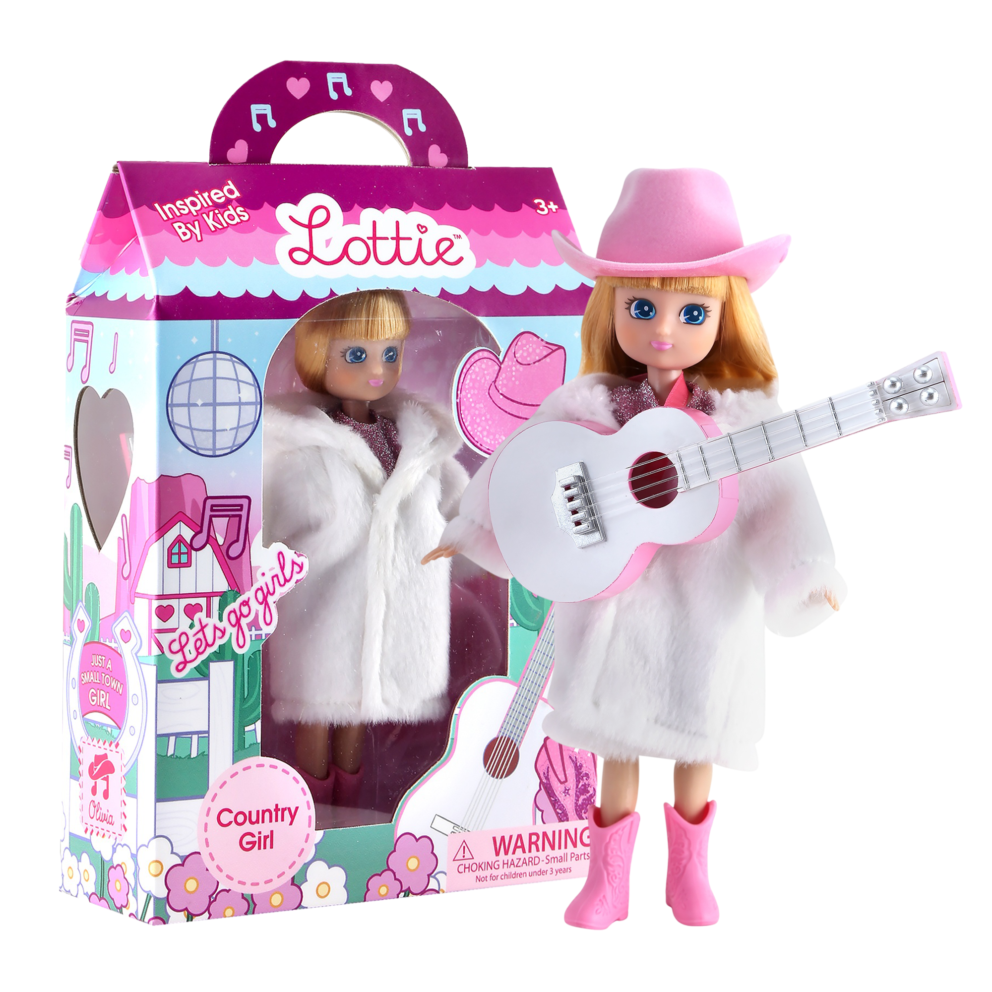 A boxed Lottie Country Gill doll toy shown next to the package, wearing a pink cowboy hat, white faux-fur coat, and pink boots, while holding a white guitar with pink trim. The box features country-themed graphics and the brand name Lottie.