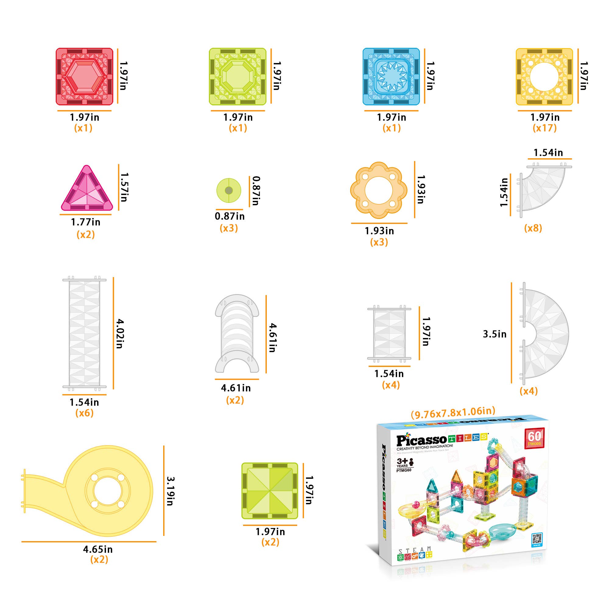 Set of colorful building block pieces with measurements and a Picasso Blocks box.