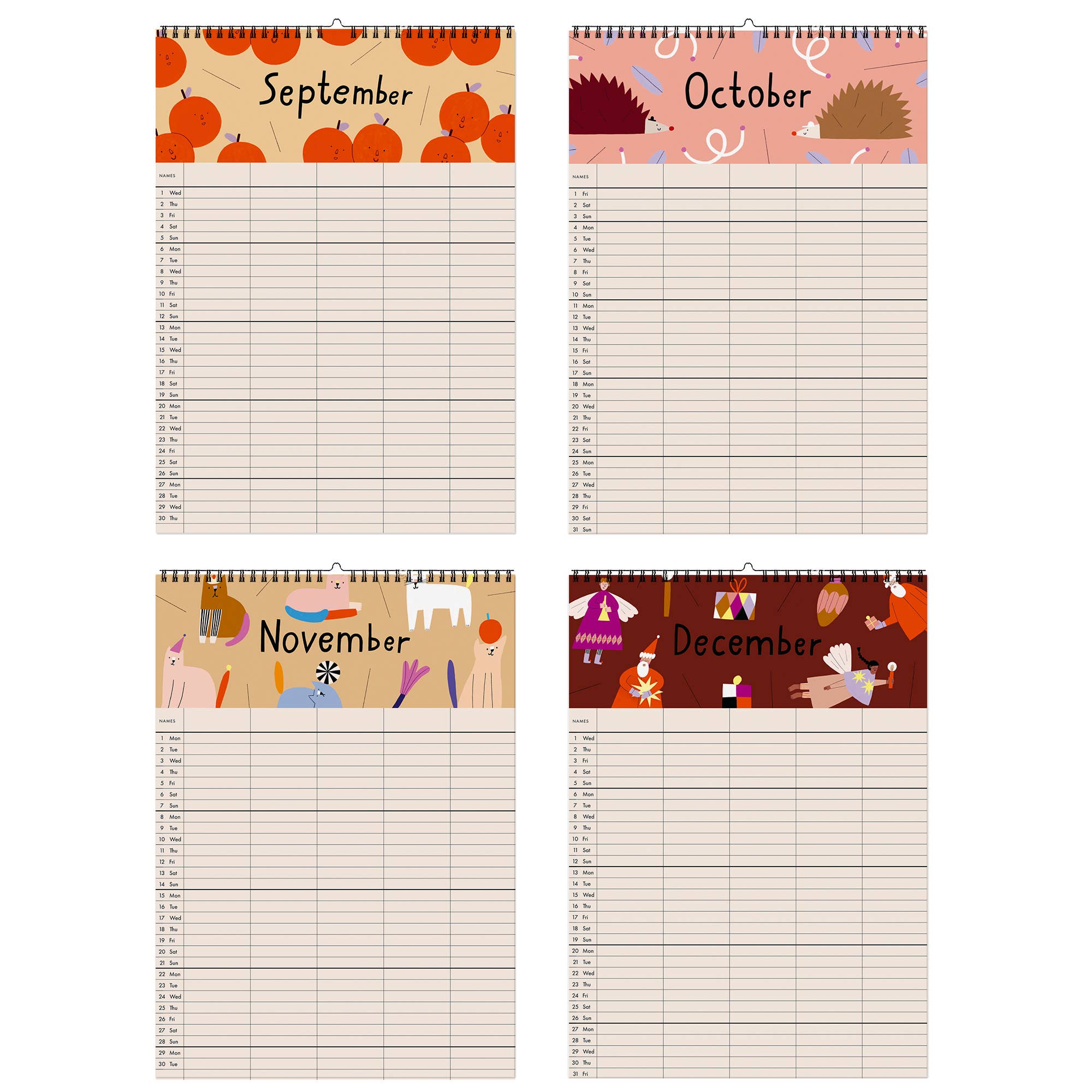 Four spiral-bound monthly calendar pages arranged in a 2x2 grid, labeled September, October, November, and December, each with autumn-themed illustrated headers and lined writing sections below.