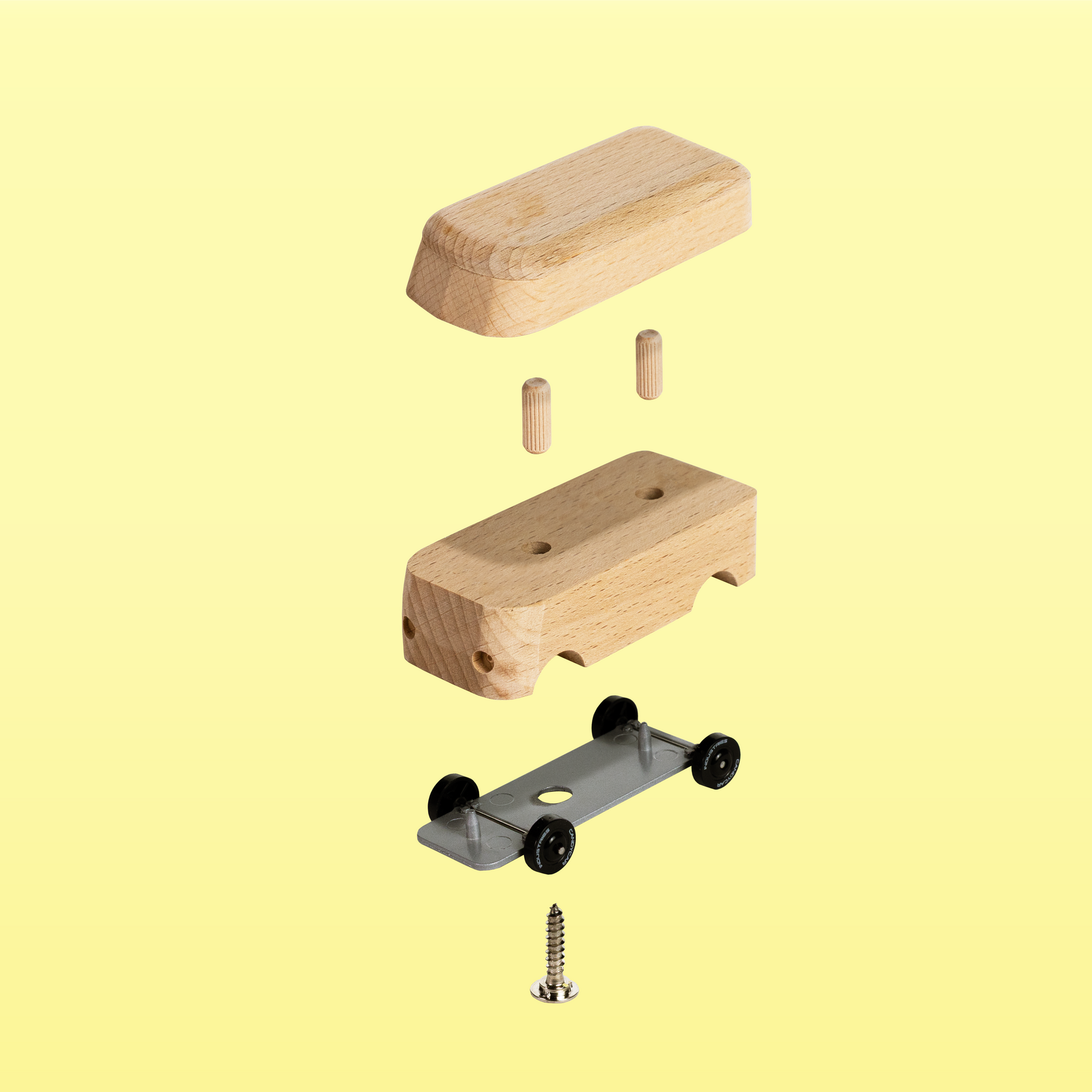 Wooden blocks with wheels and a screw on a yellow background