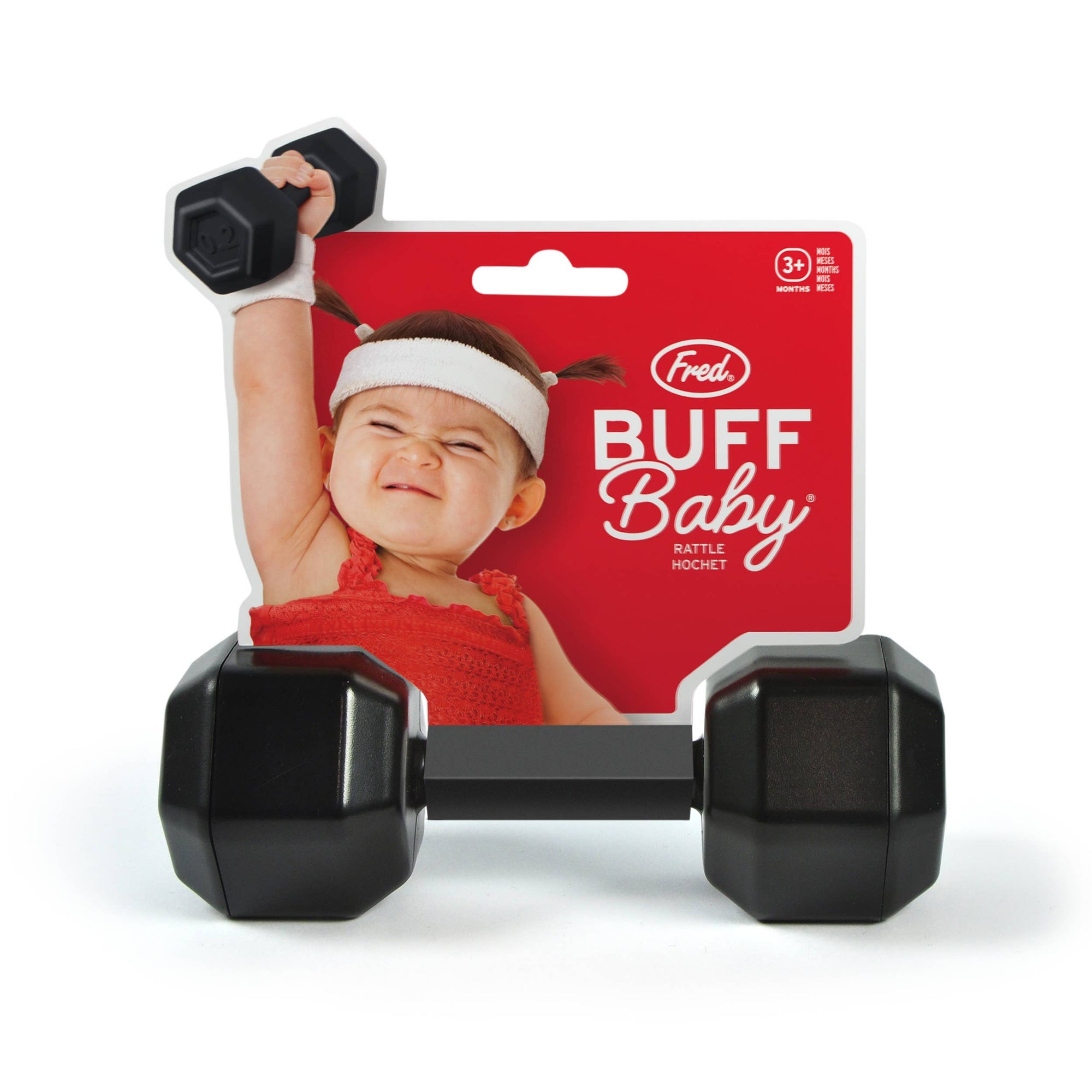 Black dumbbells with a 'Buff Baby' toy and packaging featuring a child lifting weights on a white background.
