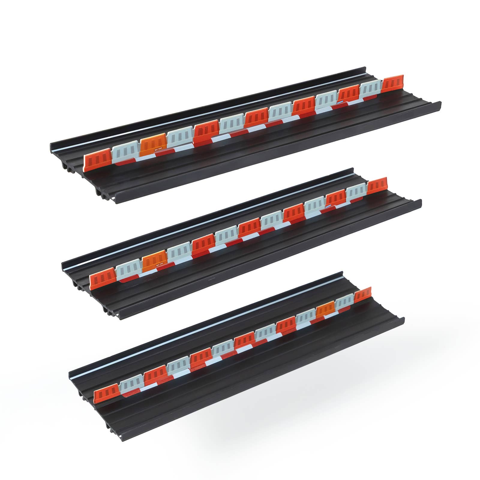 Three black plastic strips with red and gray connectors on a white background