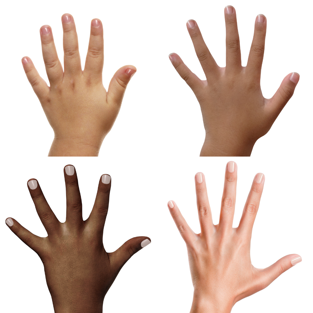 Four hands of different skin tones on a white background