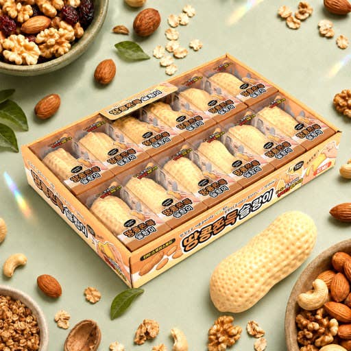A box of packaged snack biscuits arranged on a light sage-green surface with nuts, cashews, almonds, and dried fruit pieces around it. The main sold item appears to be the boxed snack pieces, photographed as a styled product shot rather than a real environment scene, so subject_type is Product/Packaging.