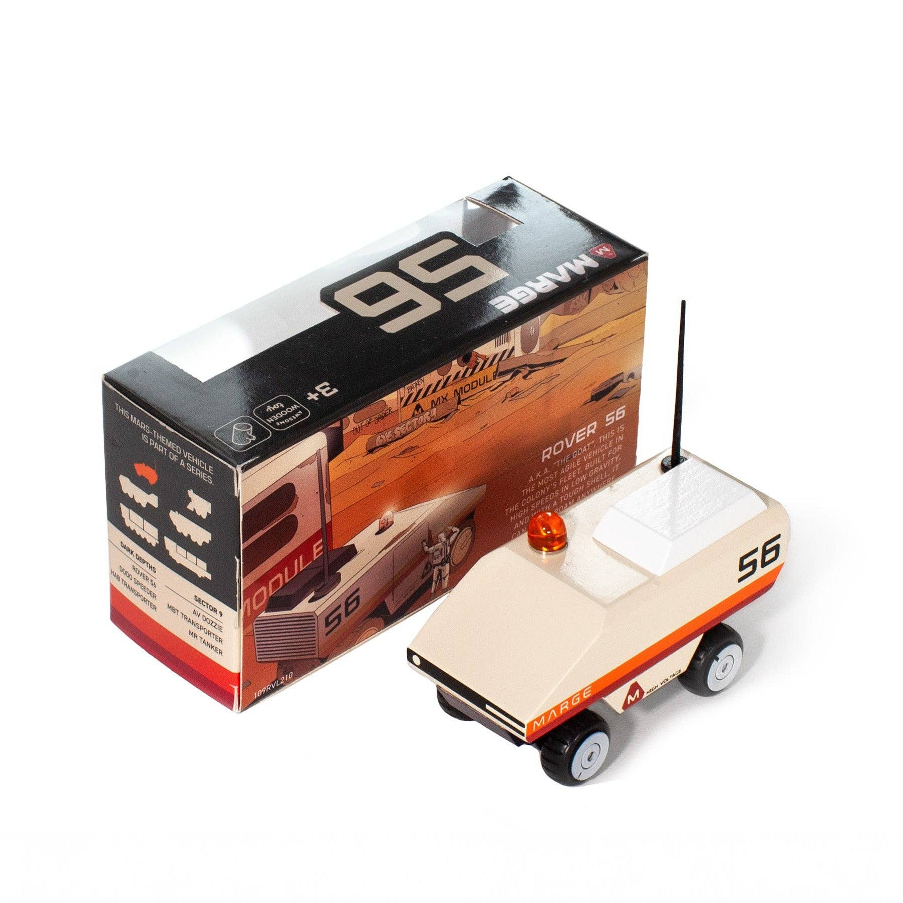 Model truck with '95' branding next to its packaging on a white background