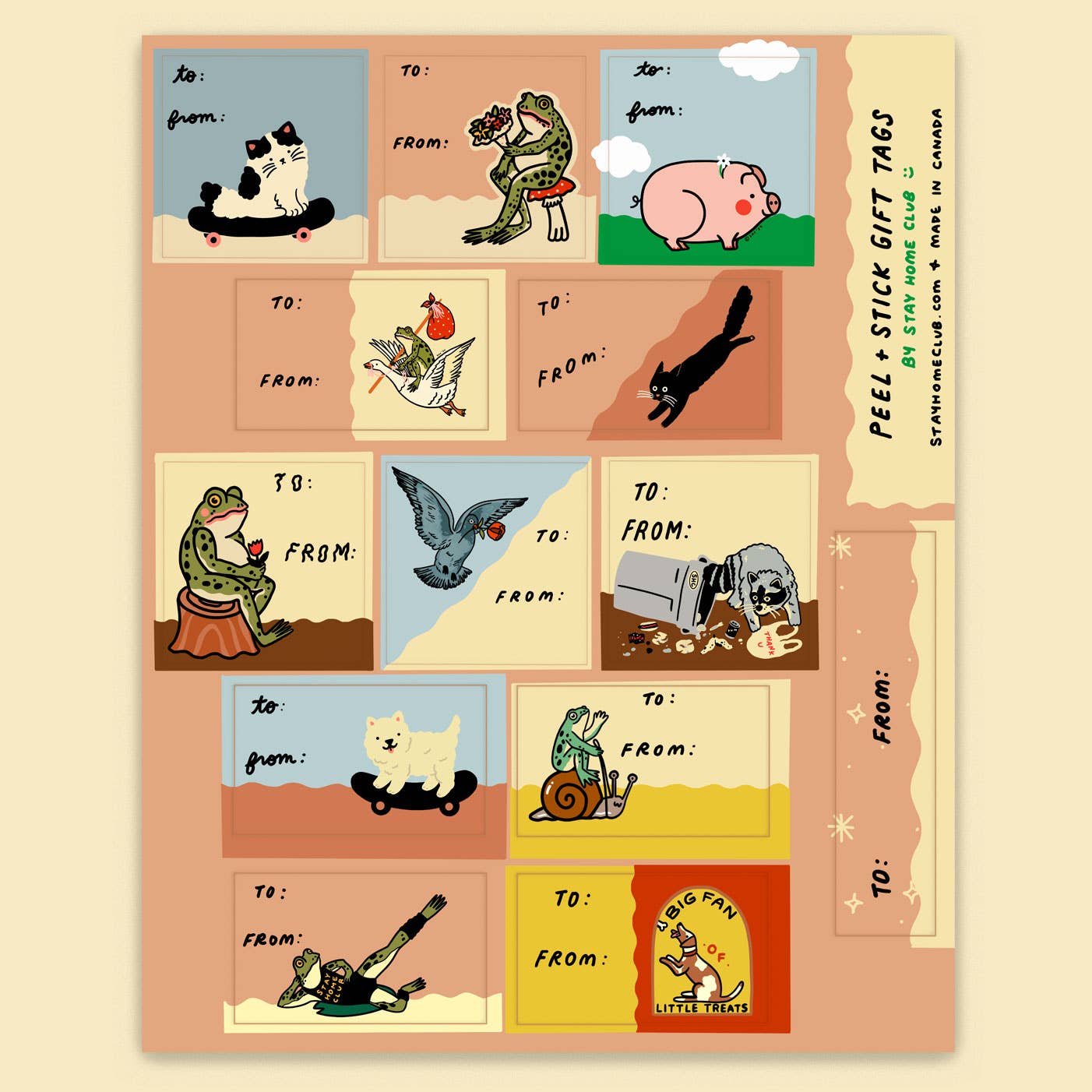Sheet of peel-and-stick gift tags with various animal illustrations on a beige background.