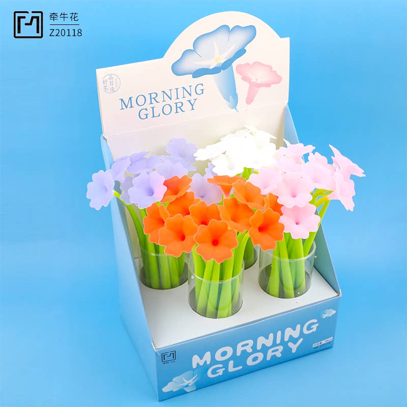 Colorful artificial flowers in clear cups with 'Morning Glory' packaging on a blue background