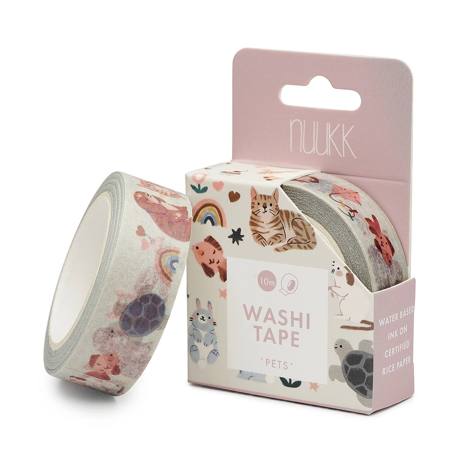 Washi tape with animal designs and packaging on a white background
