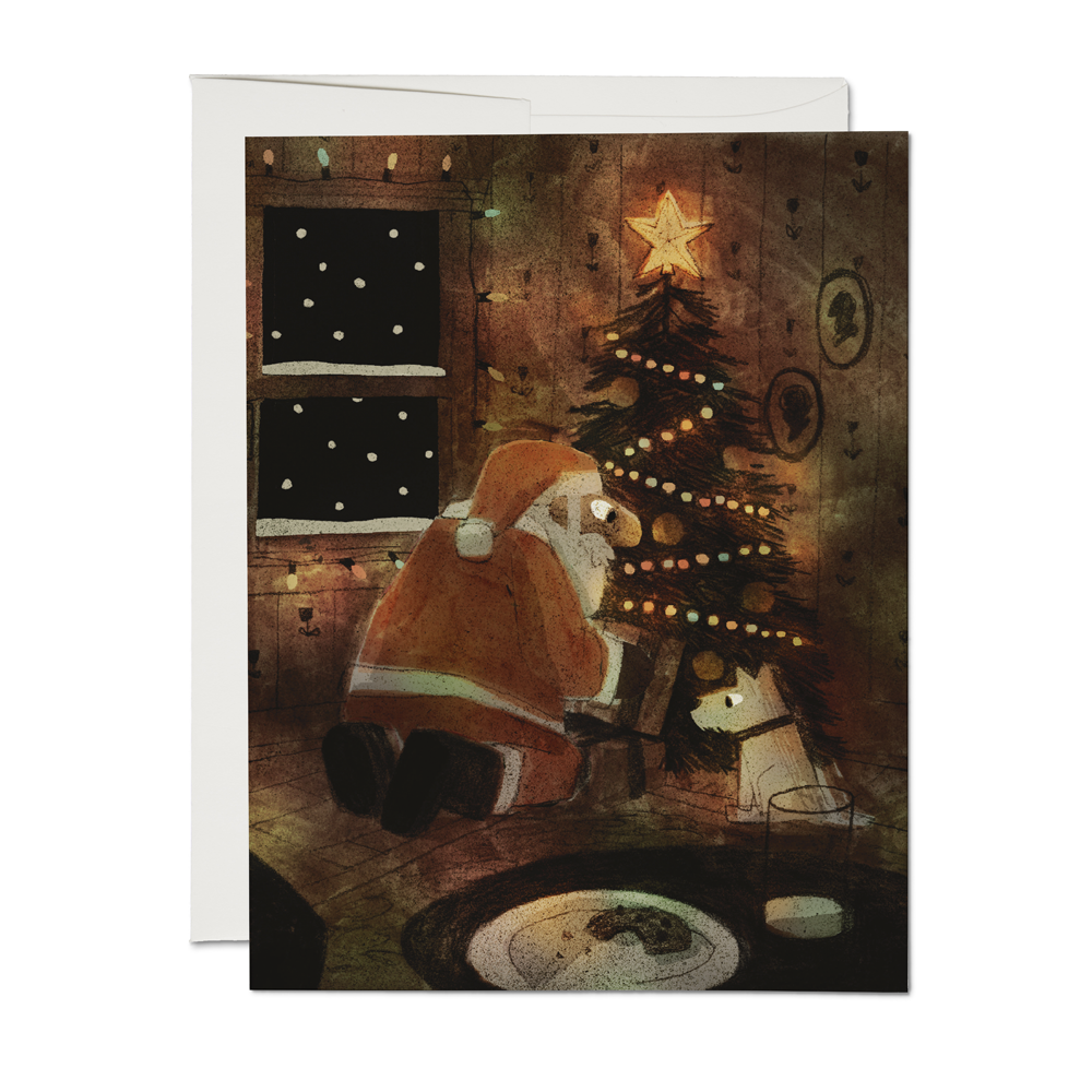 Christmas card with Santa Claus by a tree and starry night window.