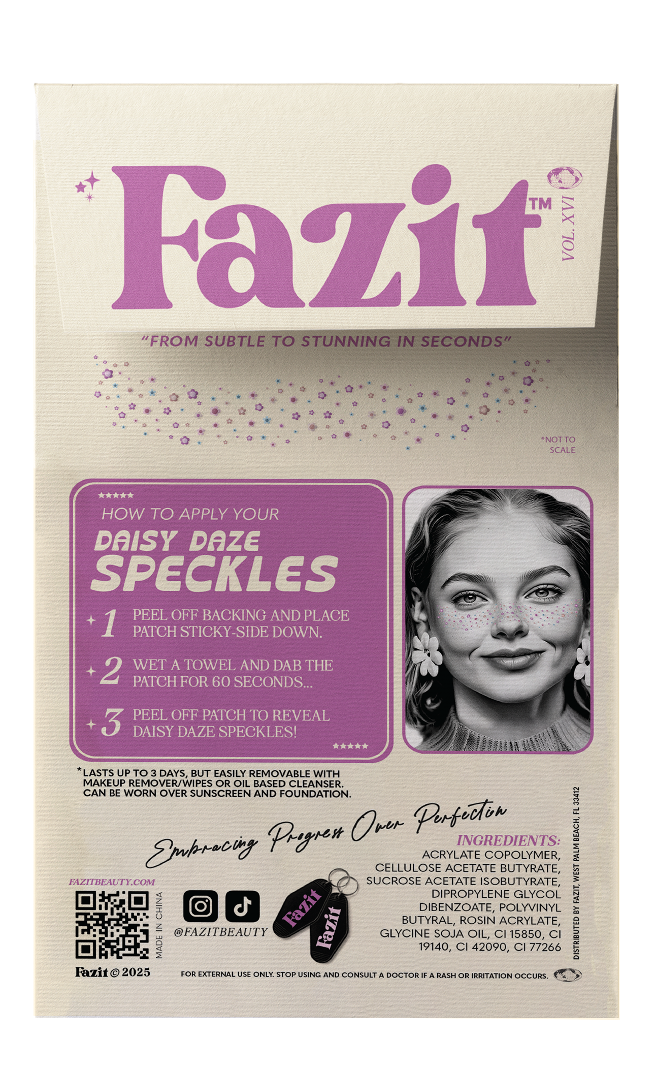 Fazit product packaging with a woman's face and application instructions on a beige background
