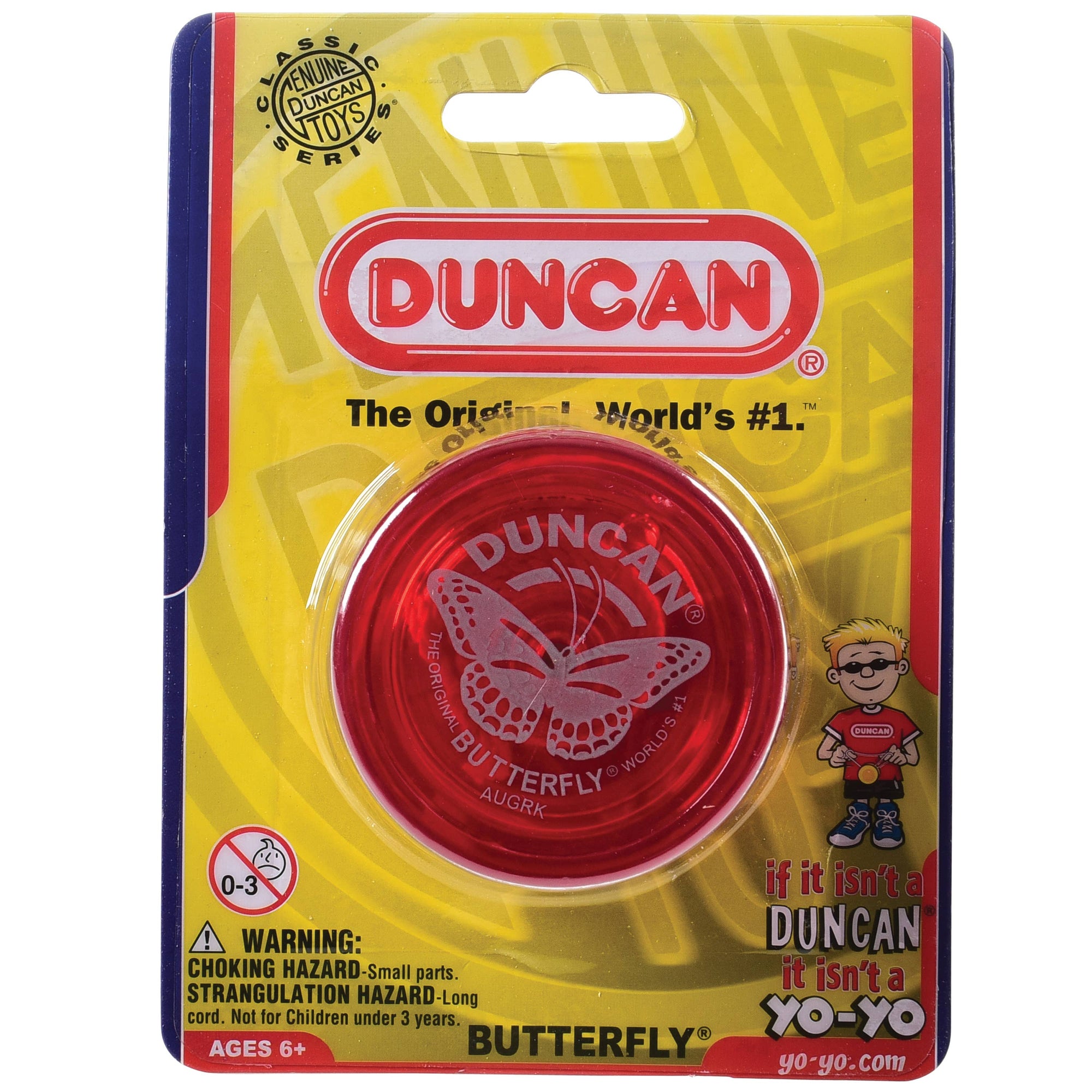Red Duncan yo-yo in packaging with brand logo and butterfly design on a yellow background.
