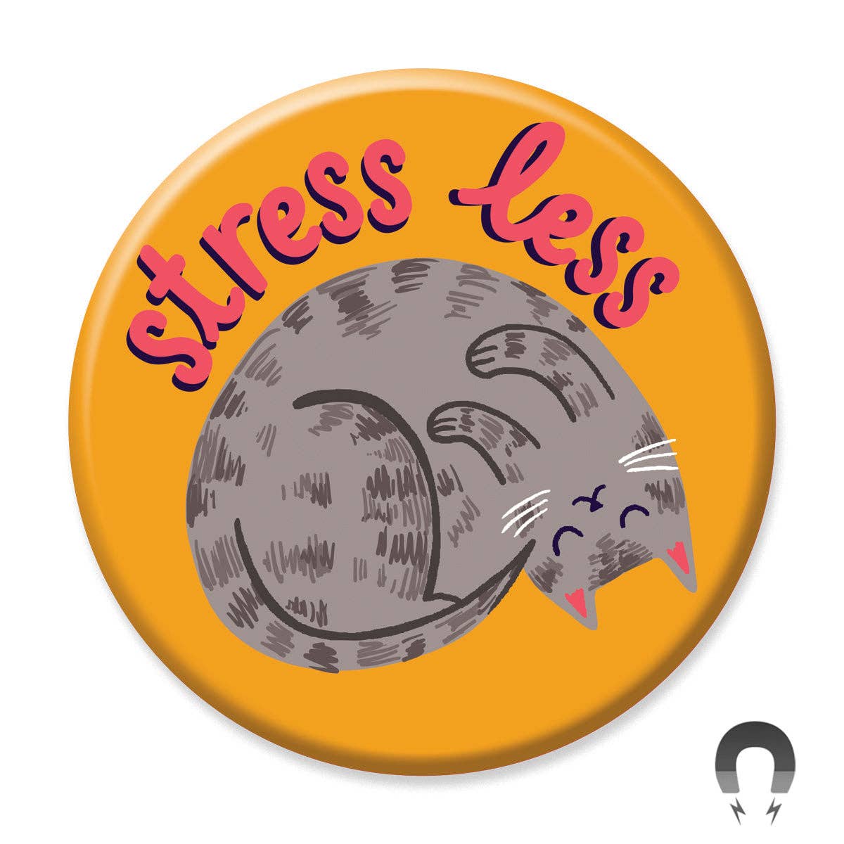 Button badge with a cat illustration and 'Stress Less' text on an orange background