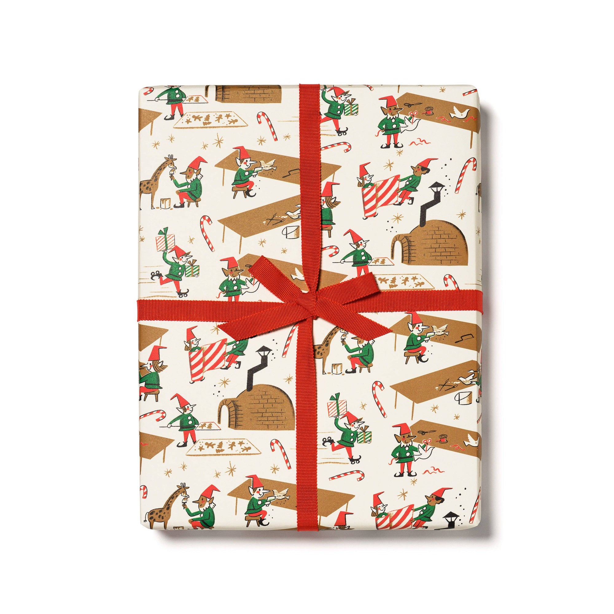 Gift wrap with Christmas elf design and red ribbon on a white background