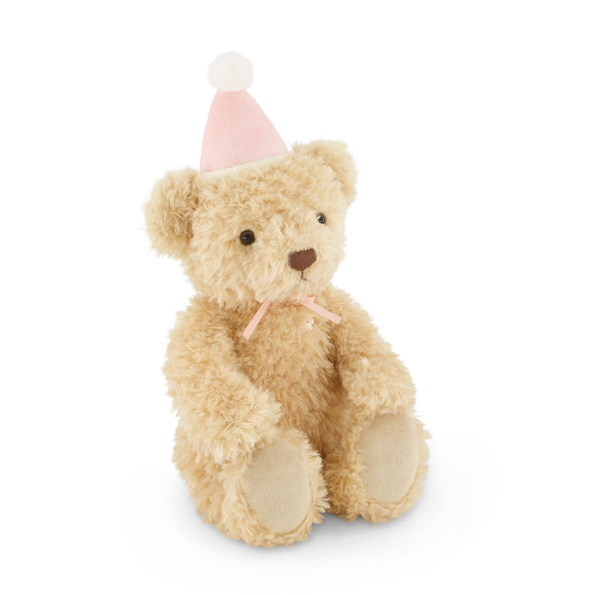 Teddy bear wearing a pink party hat on a white background