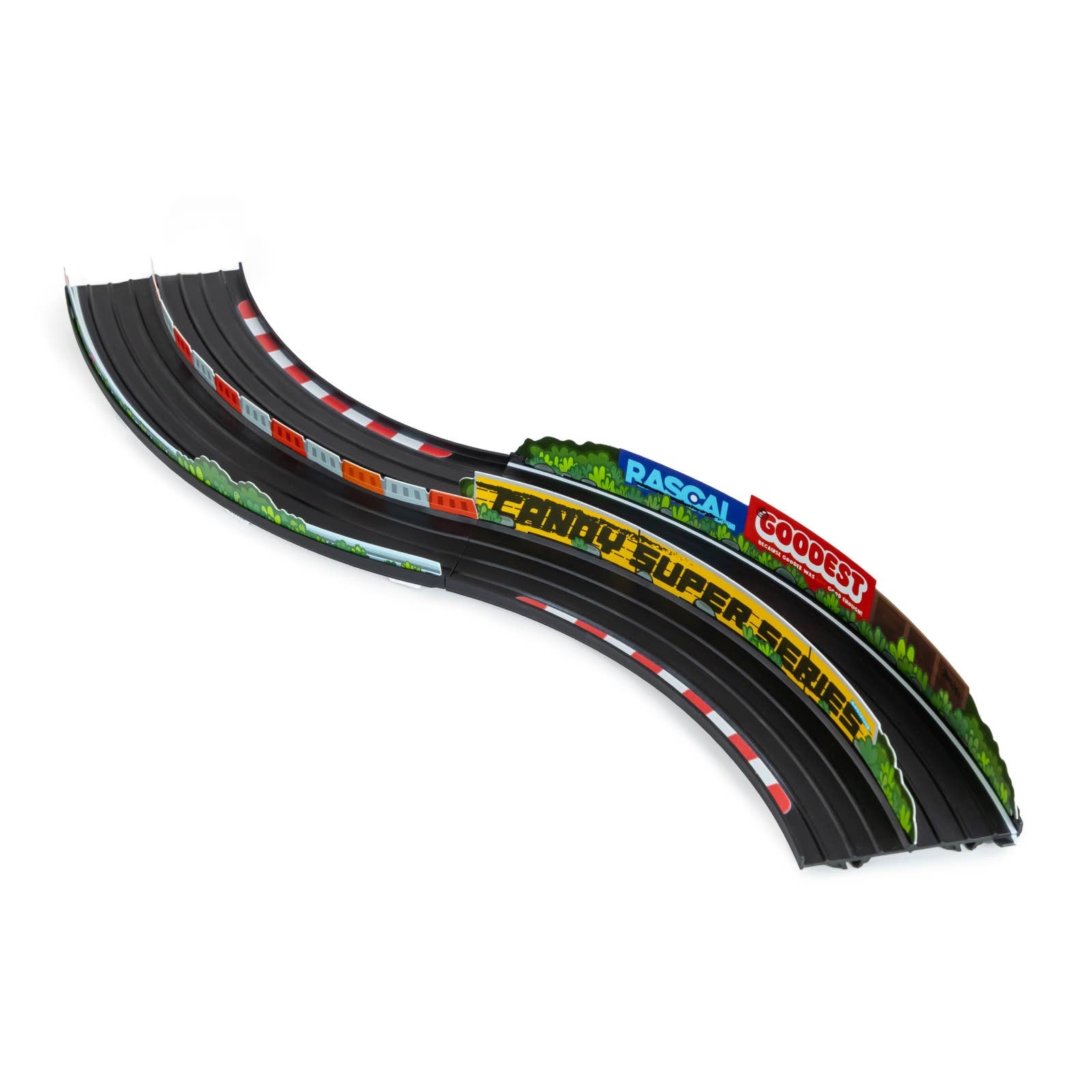 Model race track set with branding on a white background