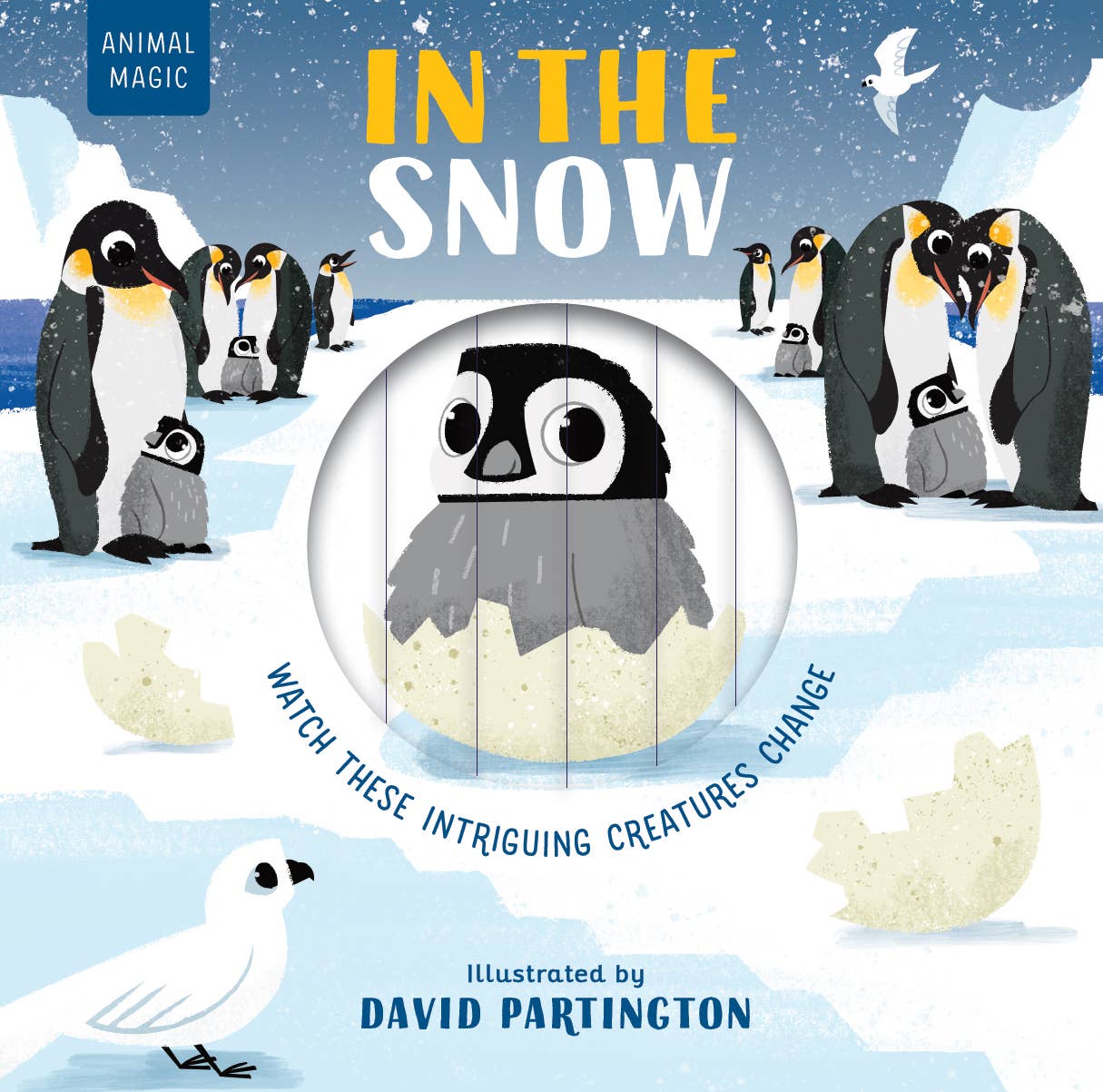 Book cover of 'In the Snow' with penguins and a baby penguin on a snowy background.