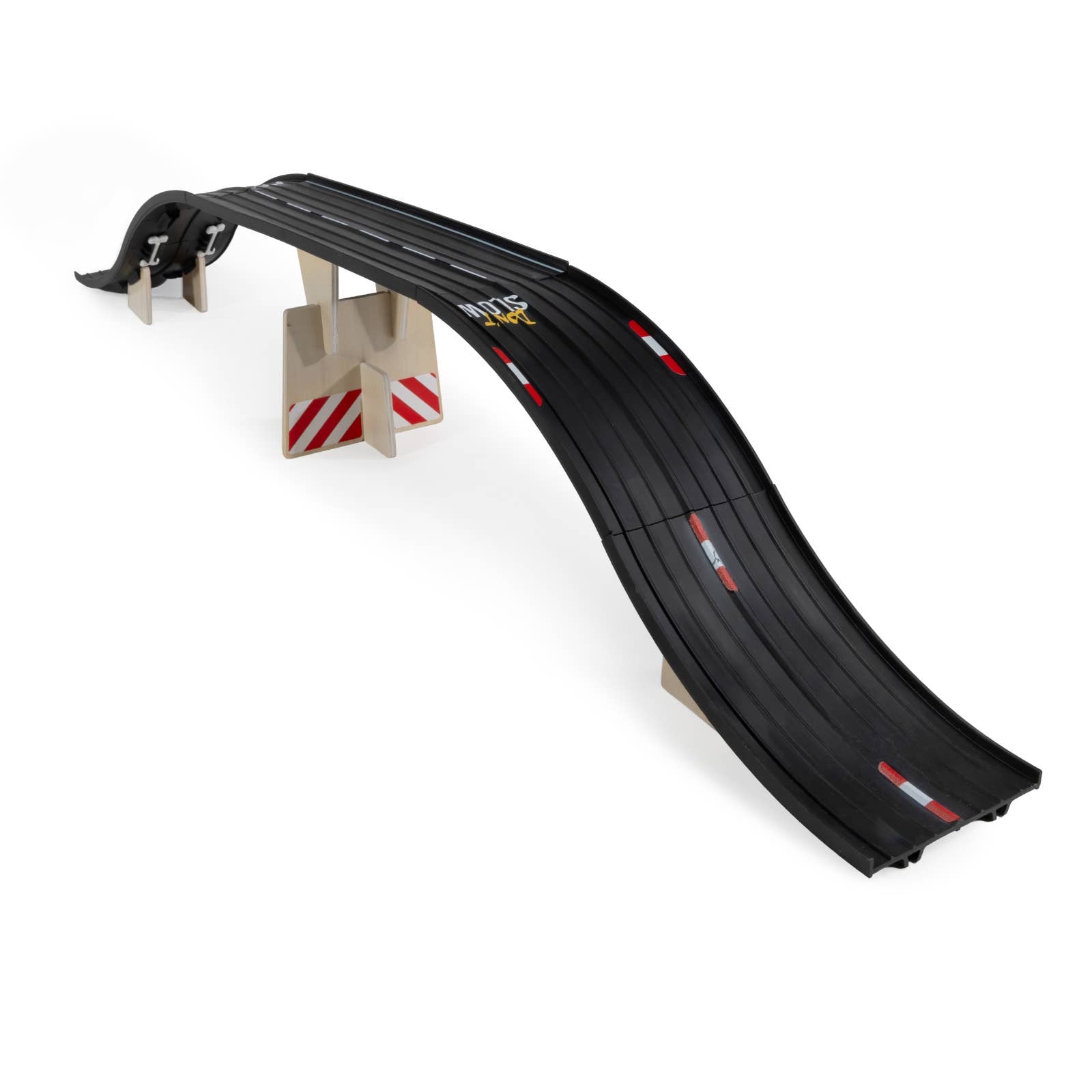 Black toy race track with a curved section on a white background