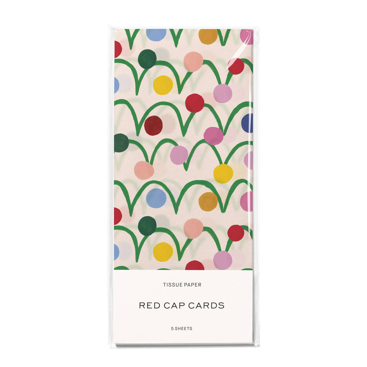 Pack of Red Cap Cards tissue paper with a colorful retro pattern of green arches and multicolored dots on a cream background, sealed in a clear plastic sleeve.