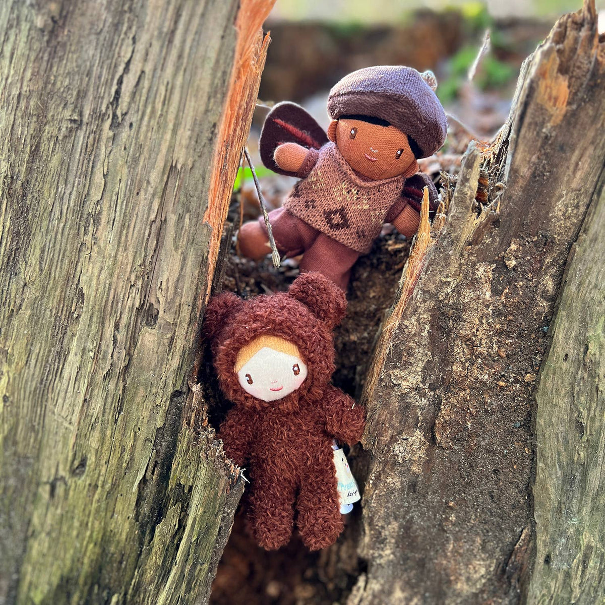 Two brown teddy bears with hats peeking out from a wooden crevice.