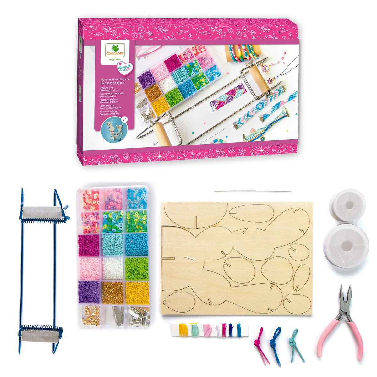 A bead embroidery kit laid out on a white background, including a pink retail box, a wooden embroidery canvas with outlined shapes, a clear bead storage tray filled with multicolored beads, a blue loom frame, small tools, and pink-handled pliers.