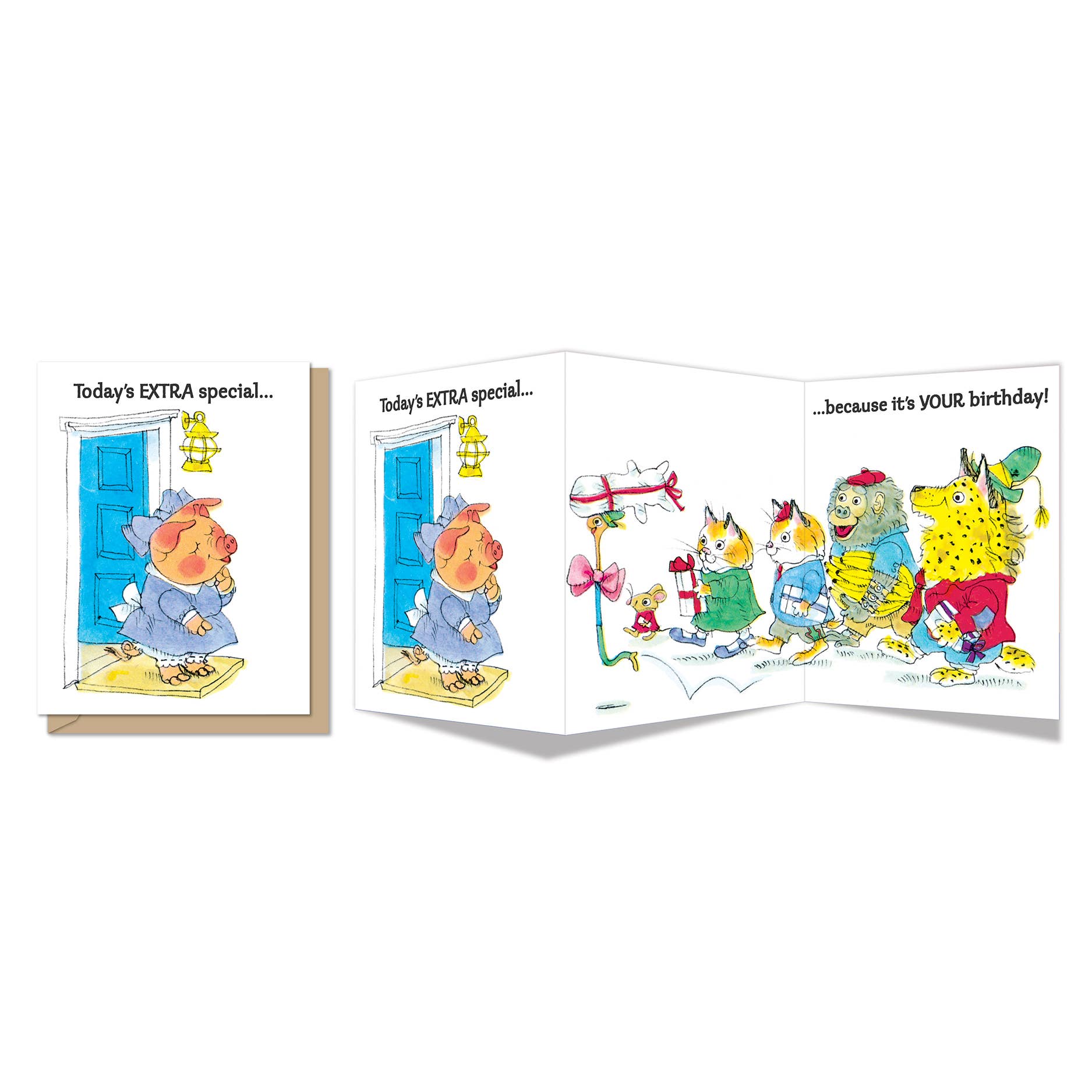 Richard Scarry Cartoon birthday card with colorful characters and text on a white background