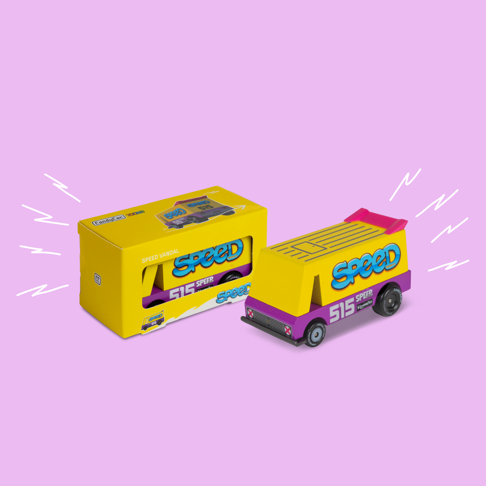 Yellow toy truck with 'Speed' branding on a pink background