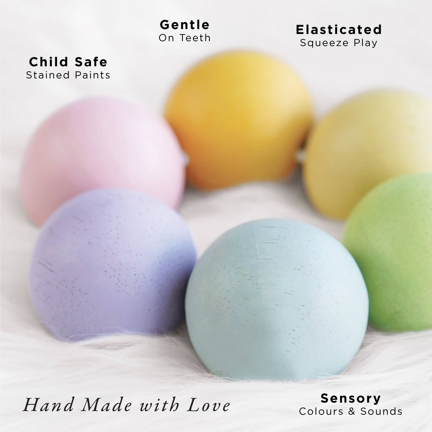 Colorful bath bombs on a white background with text describing their features.