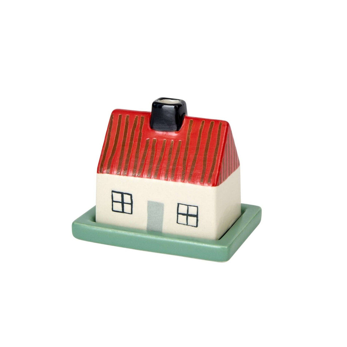 A small decorative house-shaped container or figurine with a red striped roof, cream-colored body, black window and chimney details, and a mint green base, shown on a plain white background.