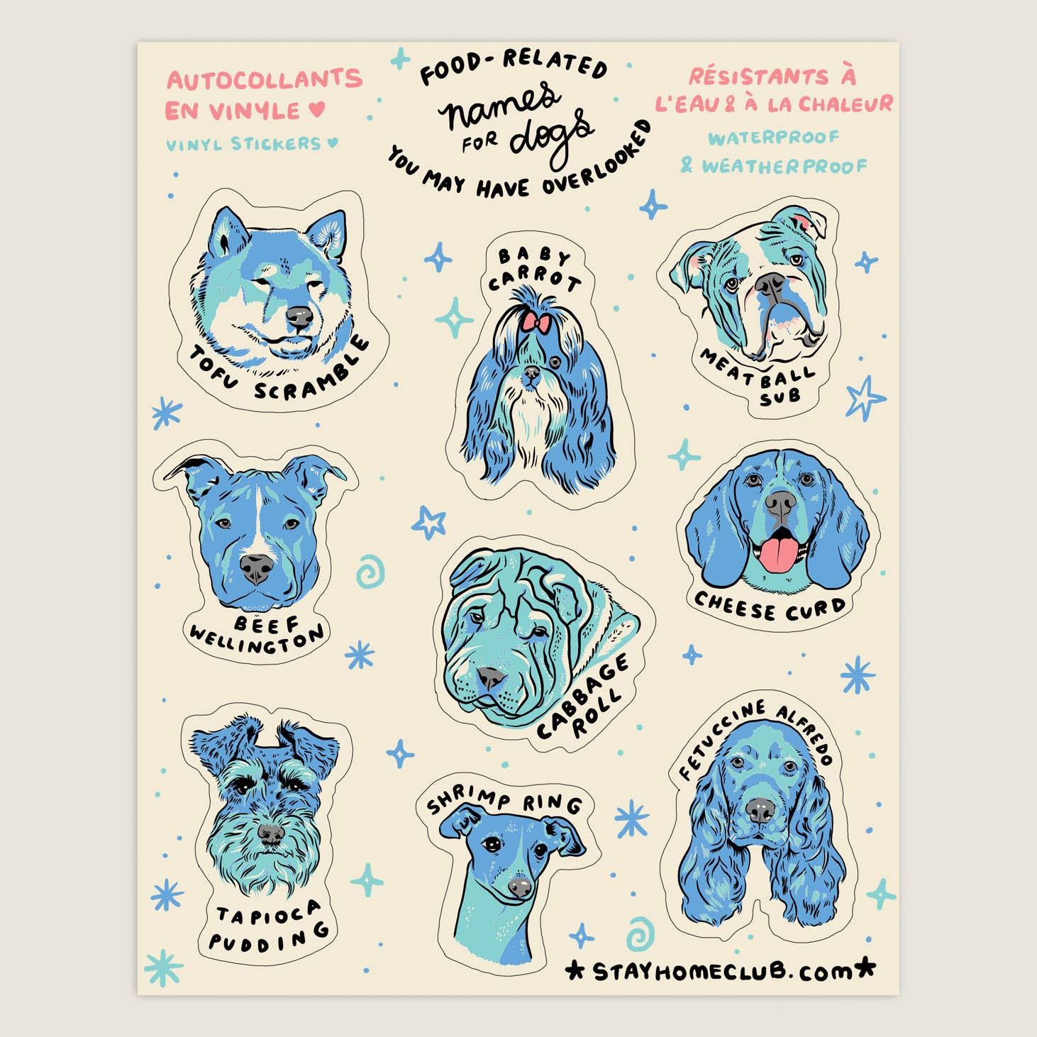 Sheet of vinyl stickers with blue dog illustrations and humorous names on a light background.