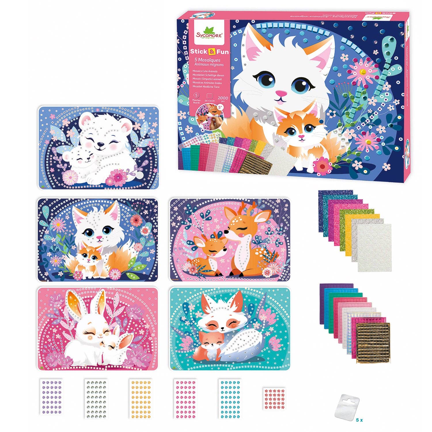 Children's craft kit with animal-themed stickers and materials on a white background