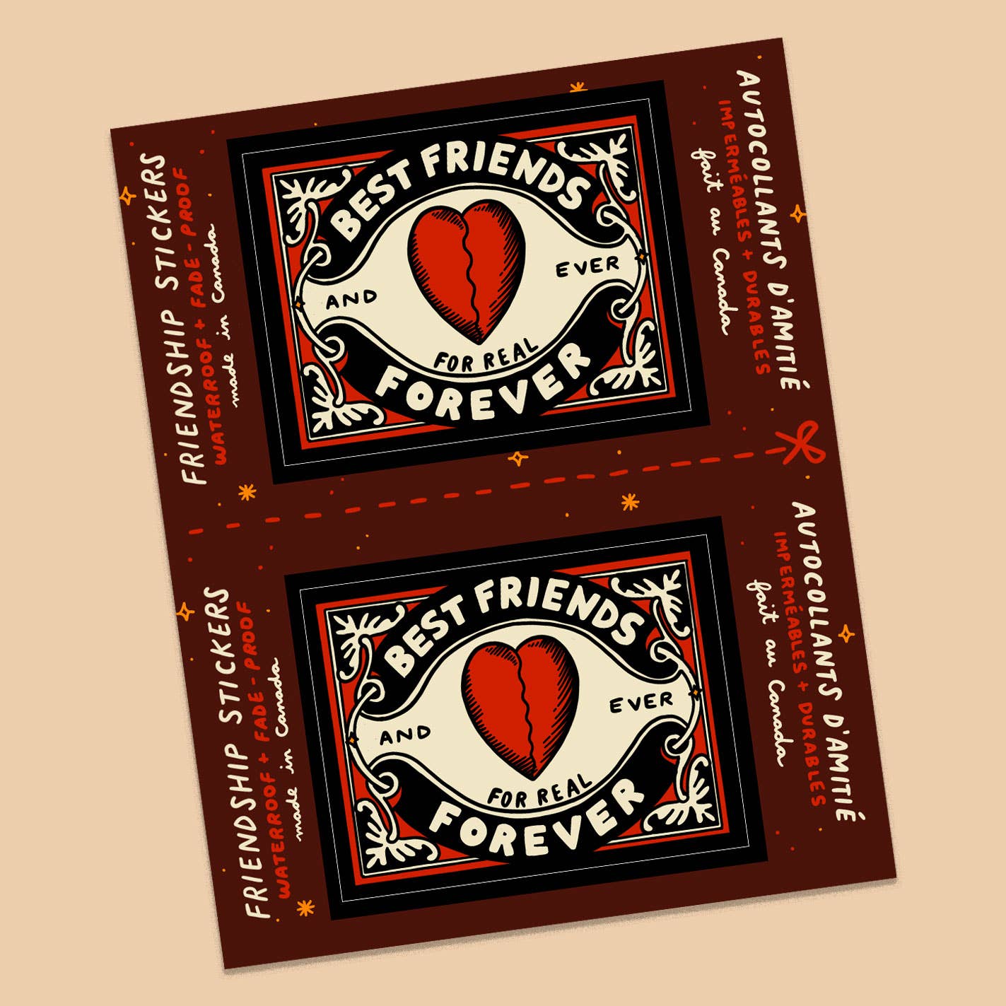 Two 'Best Friends Forever' sticker sheets with a heart design on a beige background.