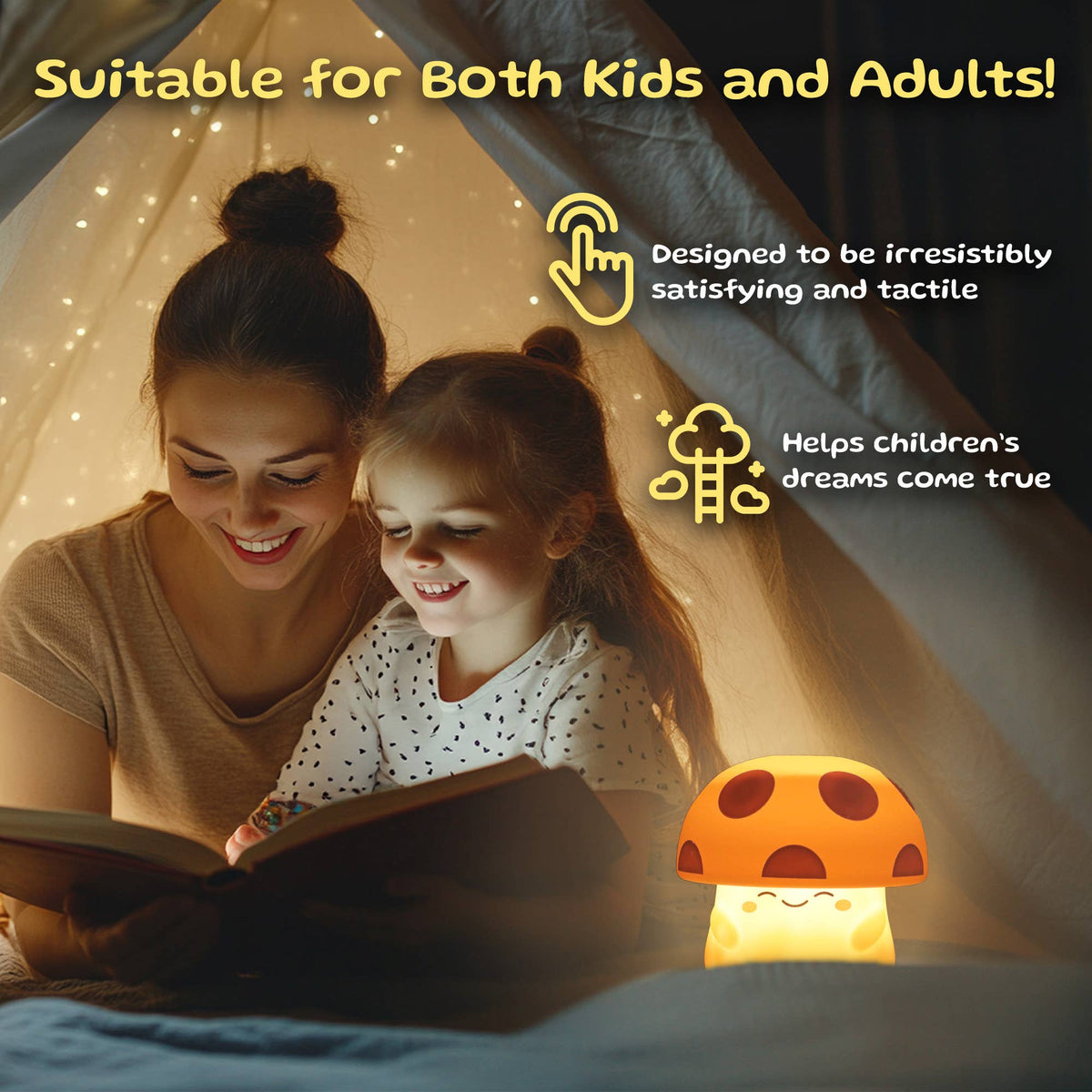 Woman and child reading a book together under a tent with a glowing mushroom-shaped night light.