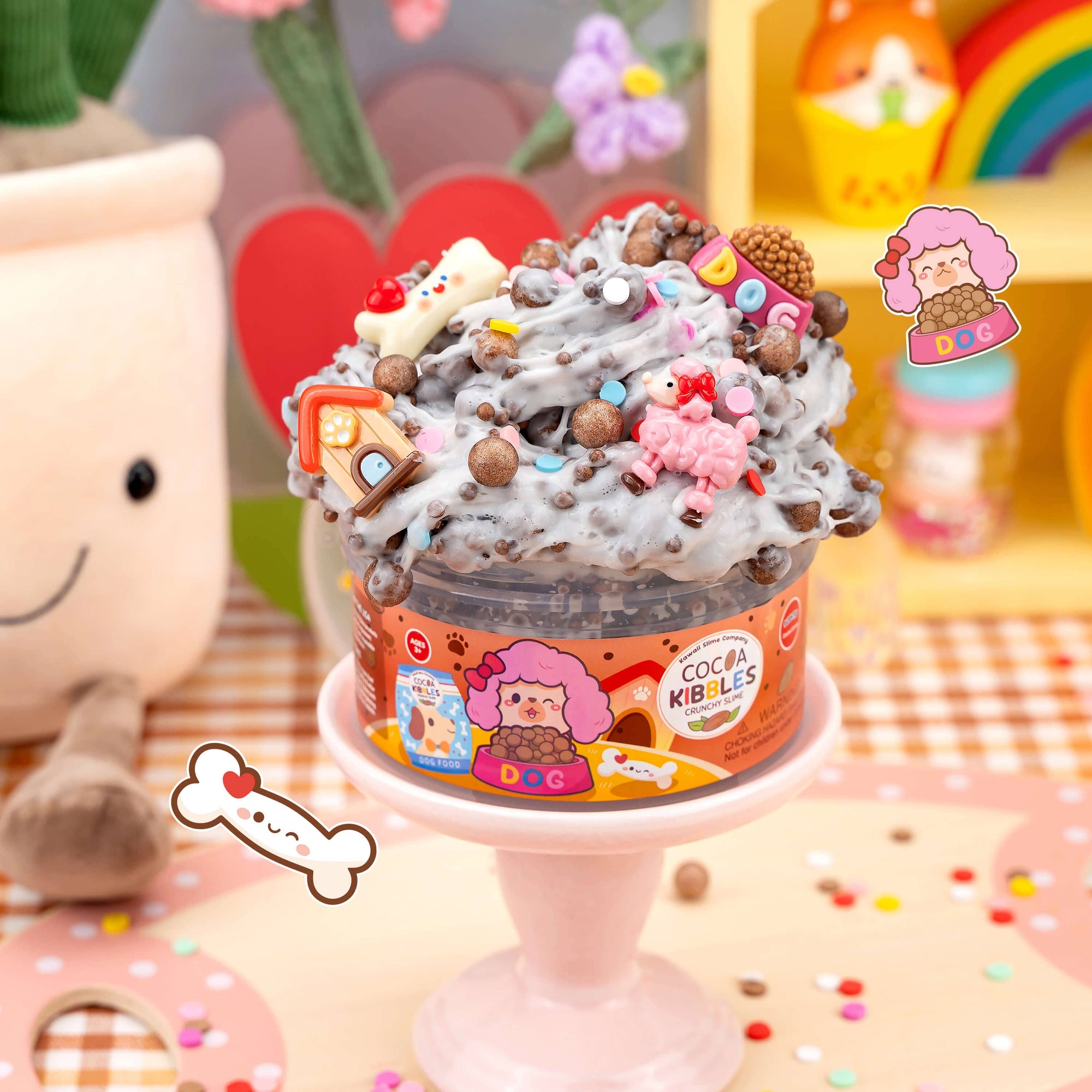 Ice cream sundae in a container labeled 'Cocoa Kibbles' with decorative elements on a colorful background.