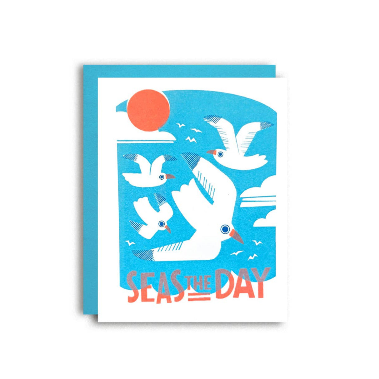 Card with seagulls and 'Seas the Day' text on a blue background