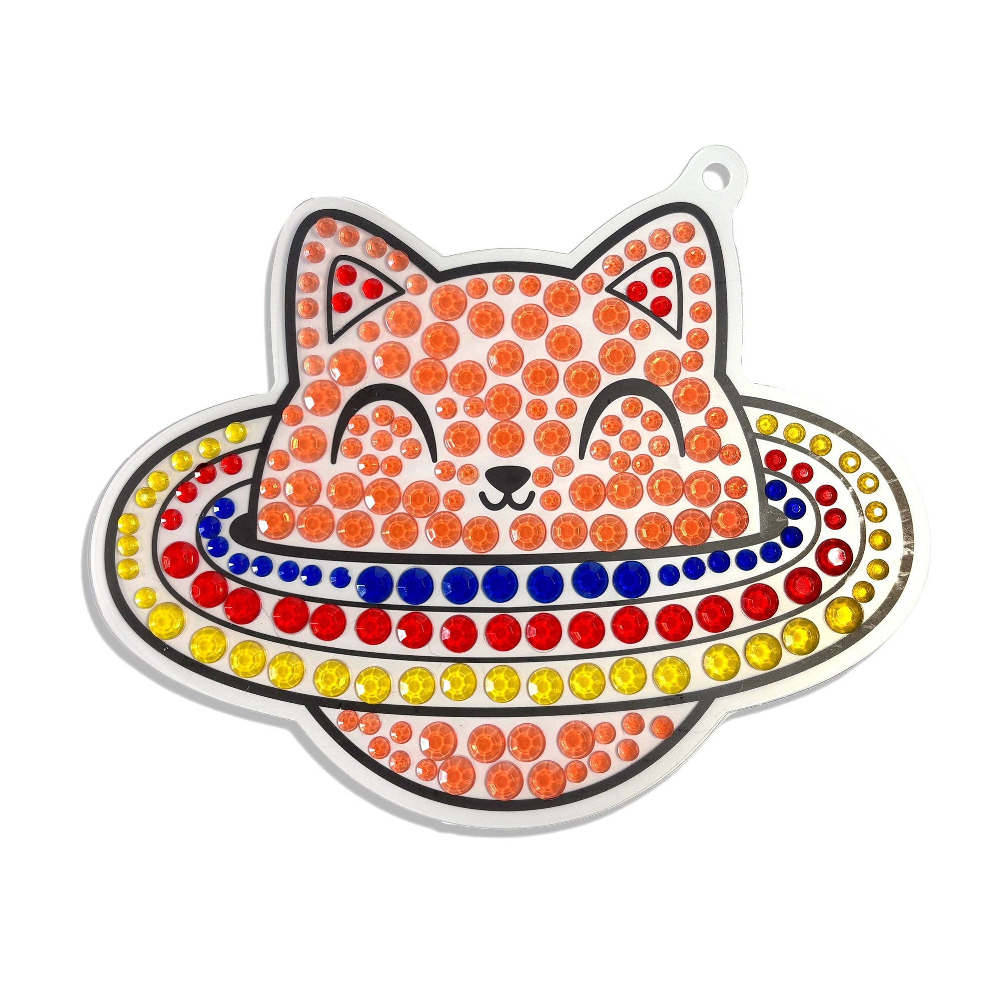 A decorative acrylic ornament shaped like a smiling cat wearing a colorful gem-studded sombrero, shown on a plain white background.