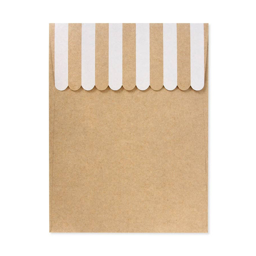 Kraft paper bag with white striped top on a white background