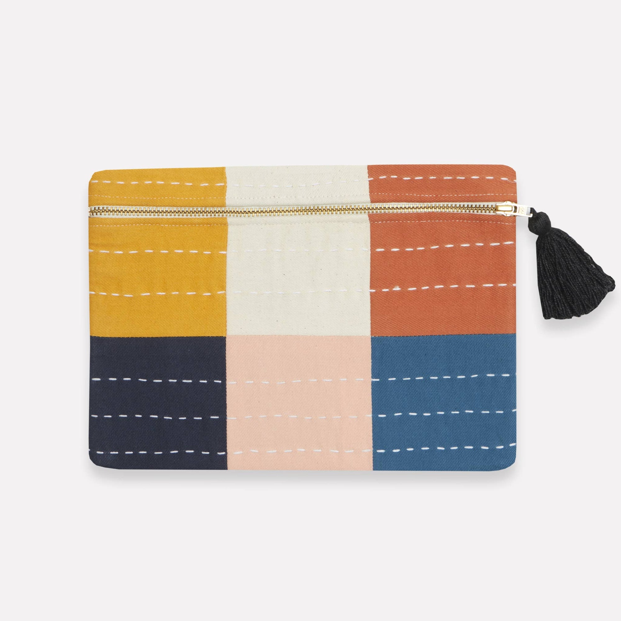 Colorful pouch with a zipper and tassel on a white background