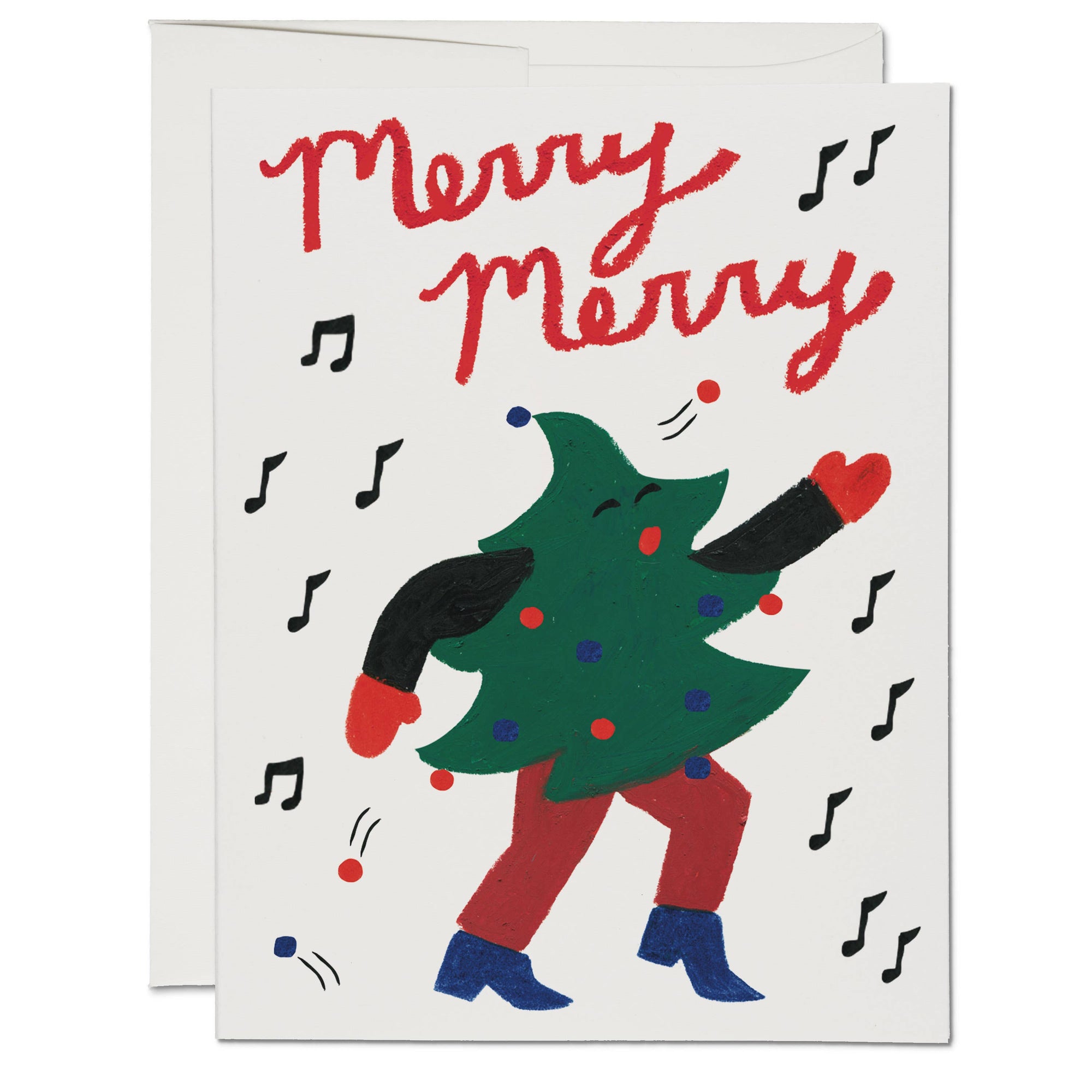 Card with a Christmas tree character dancing and the text 'Merry Merry' on a white background.