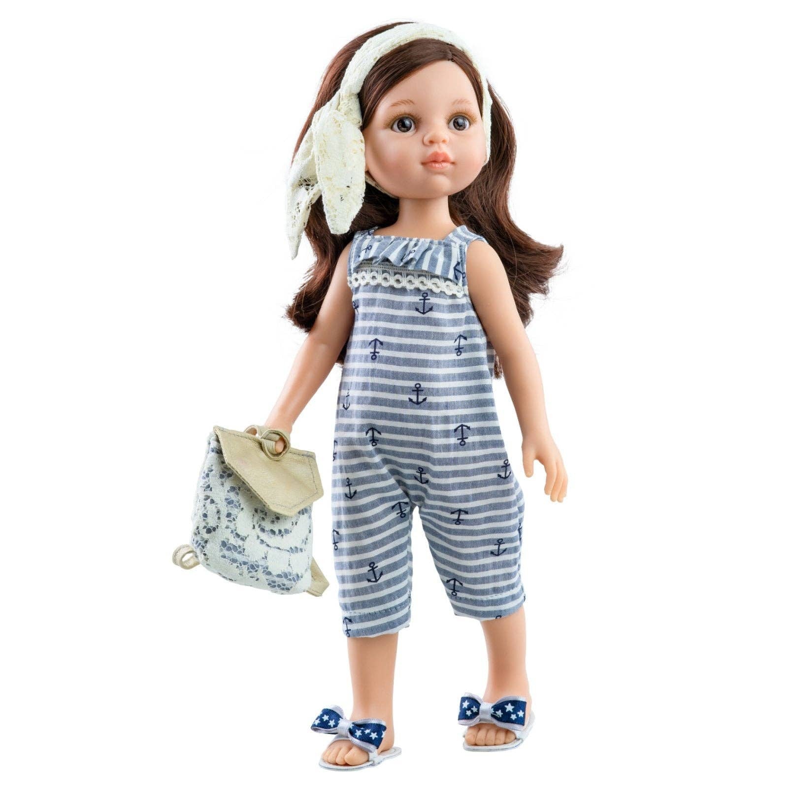Doll wearing a blue striped outfit with anchor patterns, holding a small bag, on a white background with text 'Vétements pour Las Amigas' and 'Clothes for Las Amigas'.