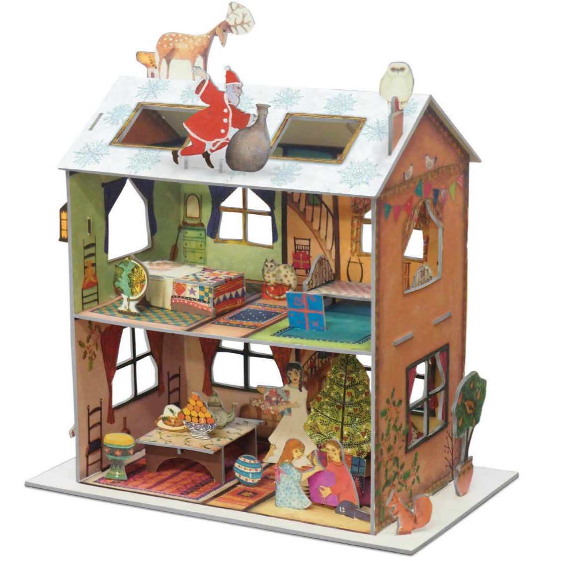 Dollhouse with detailed interior and Santa Claus figure on a white background