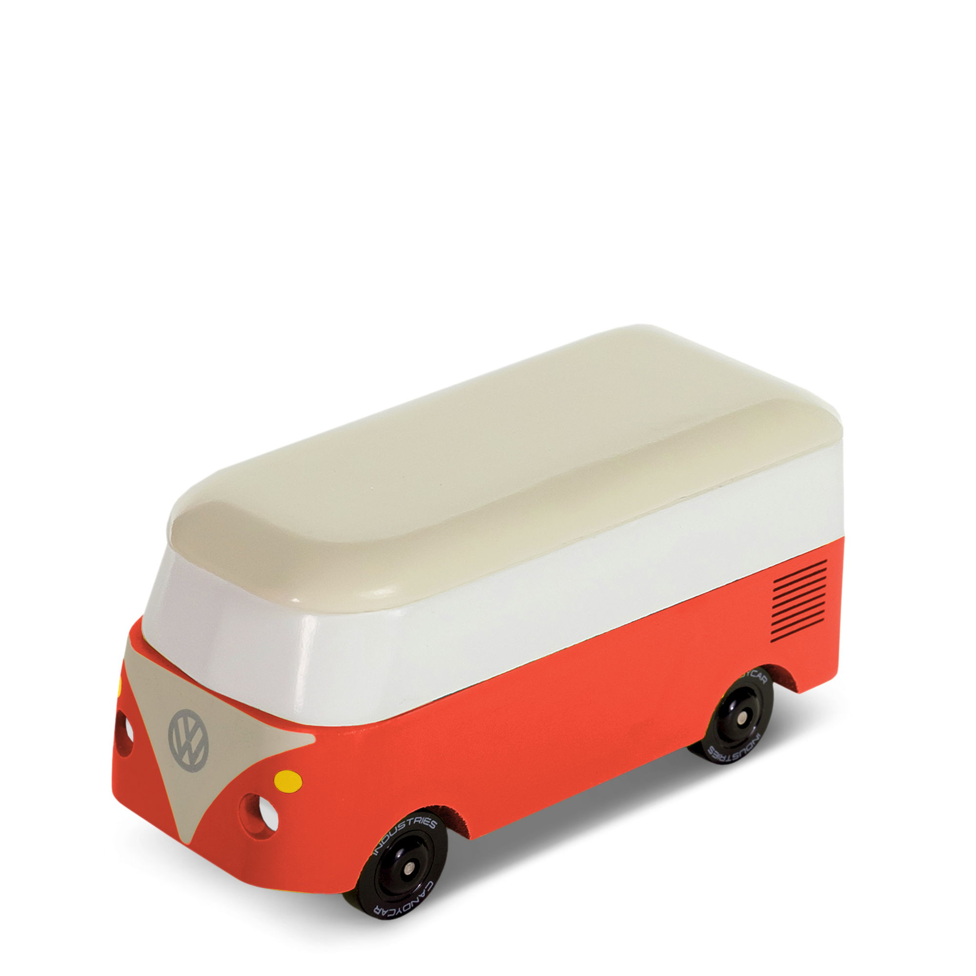 Red and white toy van on a white background