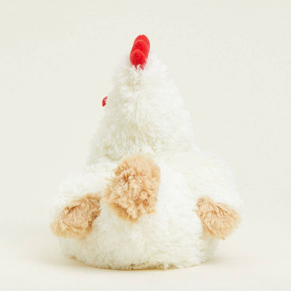 Plush toy chicken with a red comb on a white background