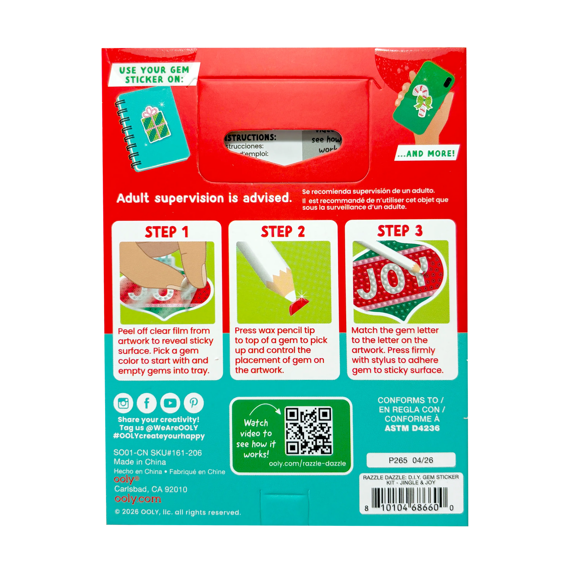 Back of a red and green packaging with step-by-step instructions and QR code on a black background
