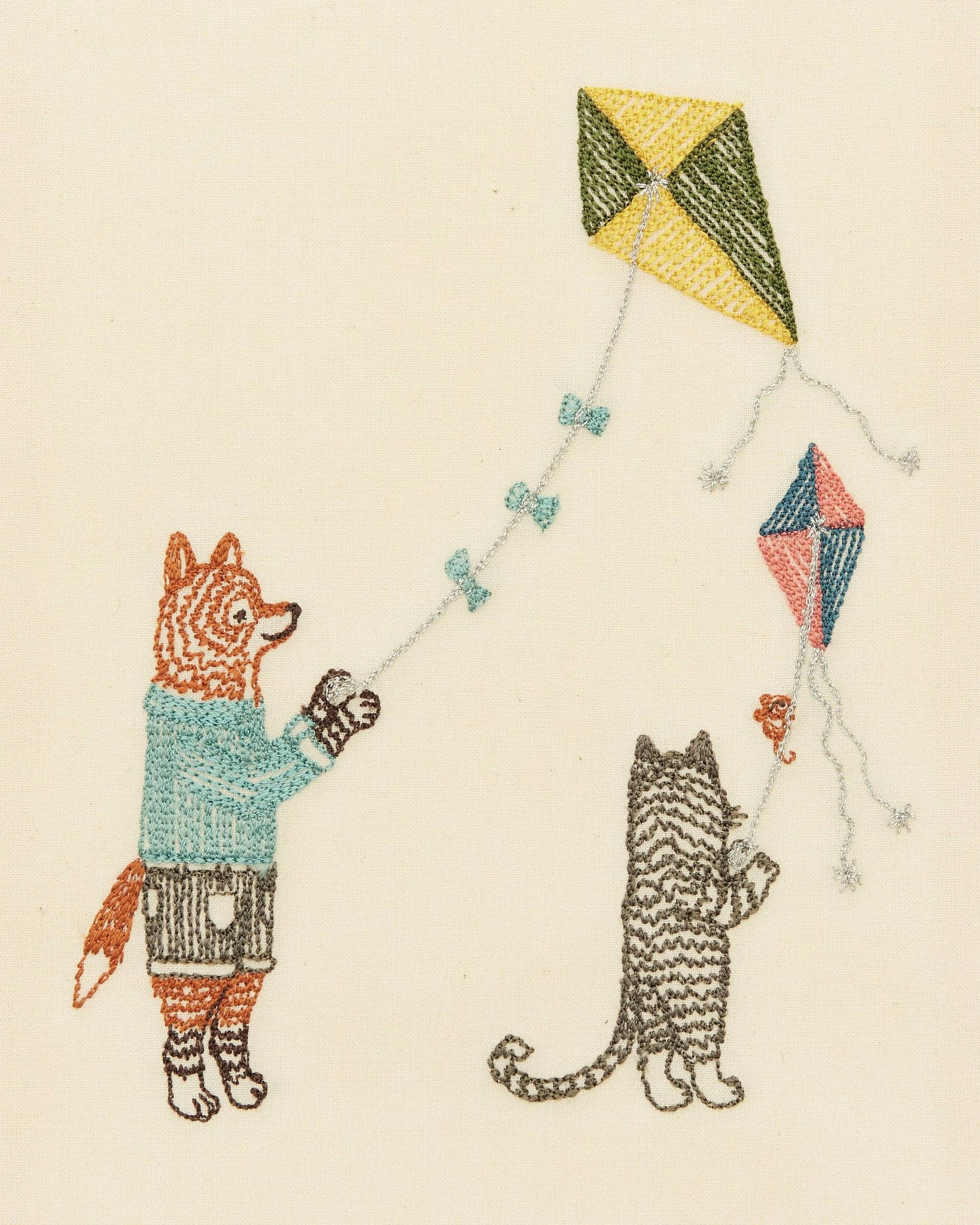 Illustration of a fox and a cat flying a kite on a beige background