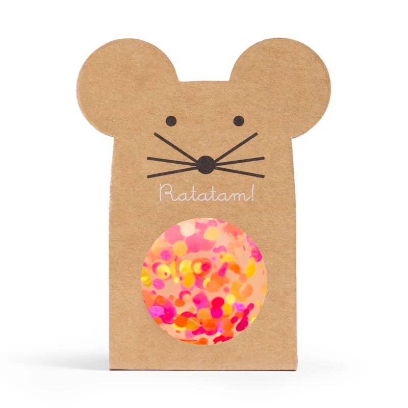 Kraft paper mouse-shaped box with a colorful round sticker and 'Ratatam!' text on a white background