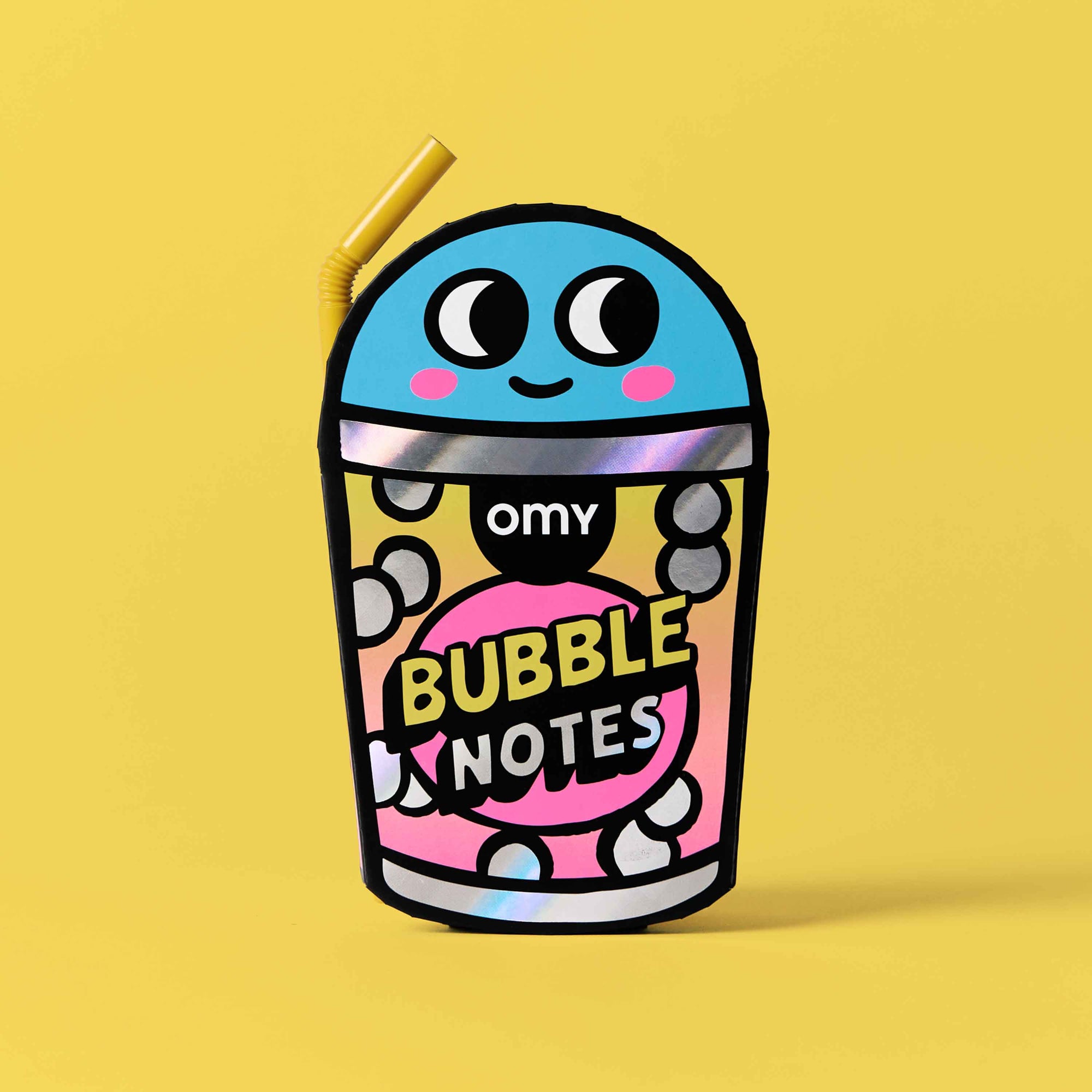 Plush toy shaped like a bubble tea cup with 'omv' branding on a yellow background