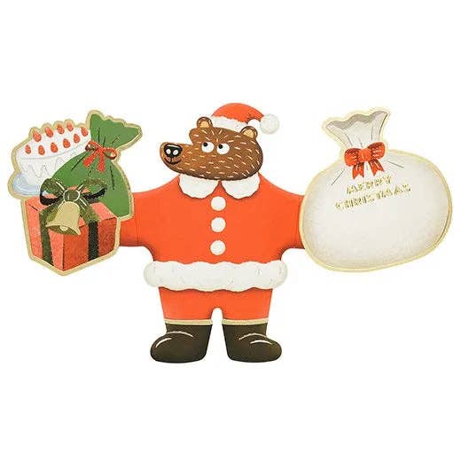 Bear character in Santa outfit with gifts and a sack on a white background