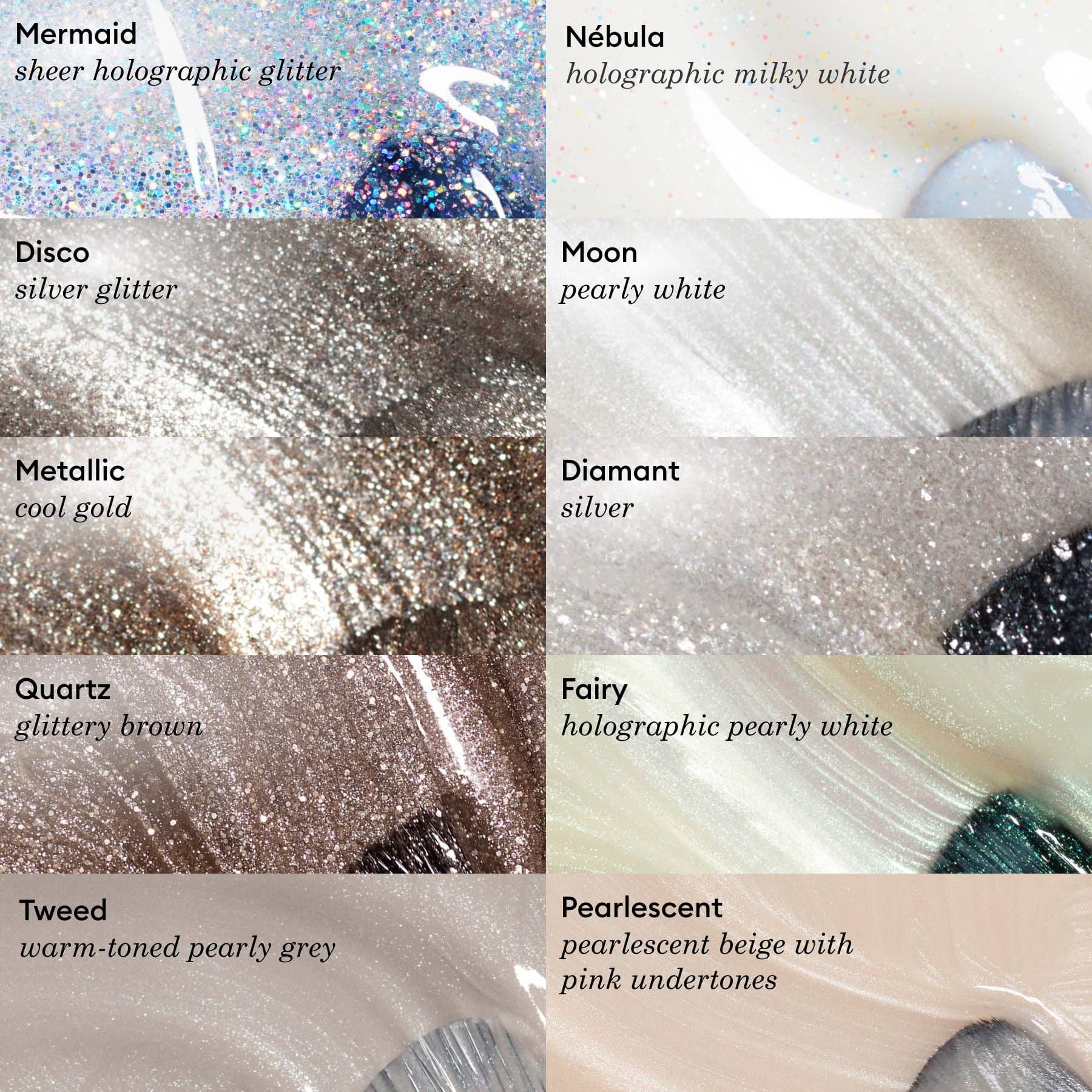 Collection of glitter textures with labels on a white background