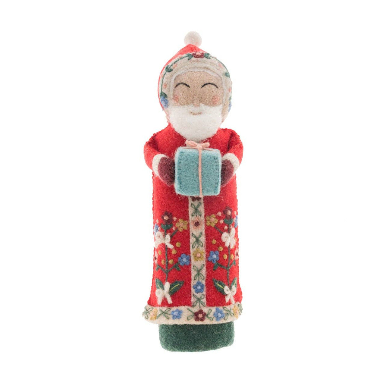 Decorative figurine of a smiling Santa Claus holding a gift on a white background