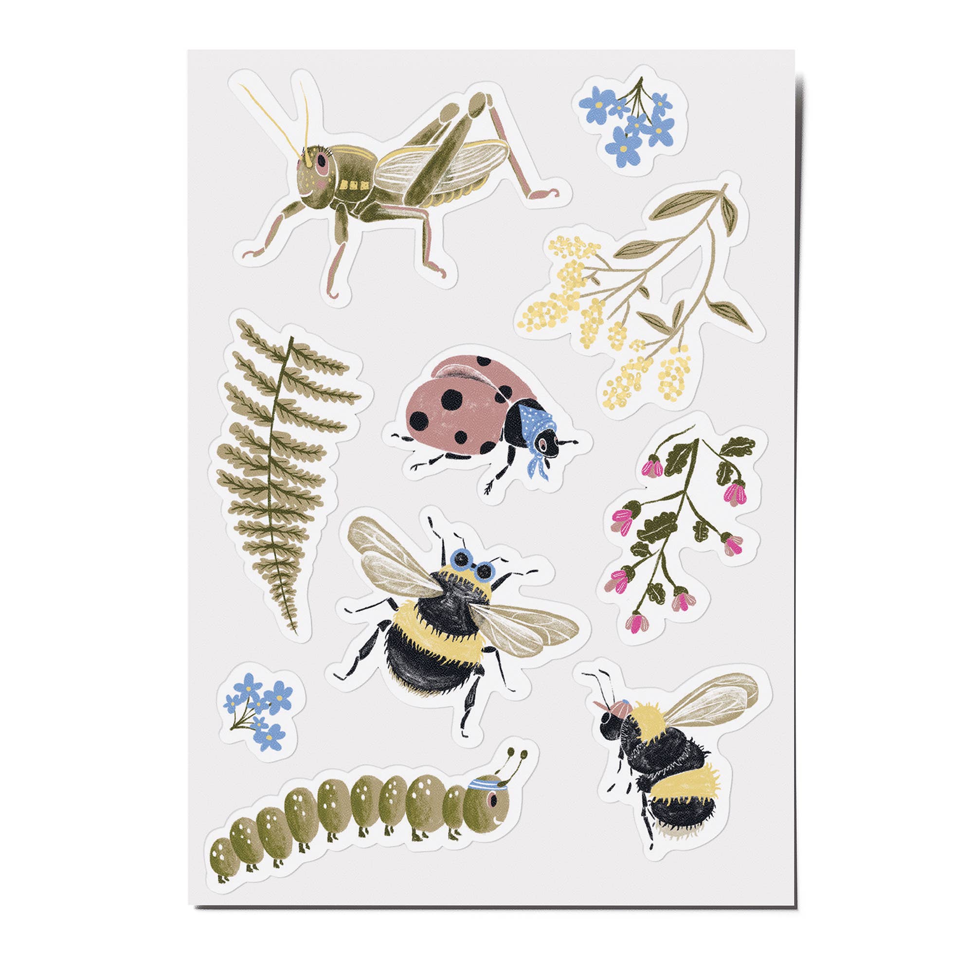 A sheet of die-cut stickers featuring cute illustrations of nature-themed characters, including a grasshopper, ladybug, bumblebees, a butterfly, a fern, and small flowers, on a white background.